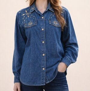 Vtg DONNA 1980s Bedazzled Denim Chambray Western Cowgirl Shirt
